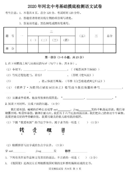 小学语文基础知识摸底测试